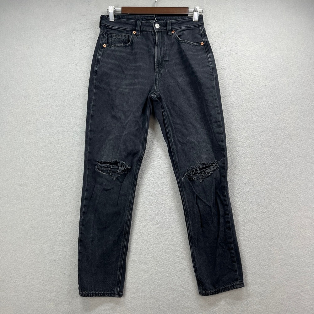 American Eagle Jeans Womens 2 Short Black Mom Jean Distressed High Rise Strigid